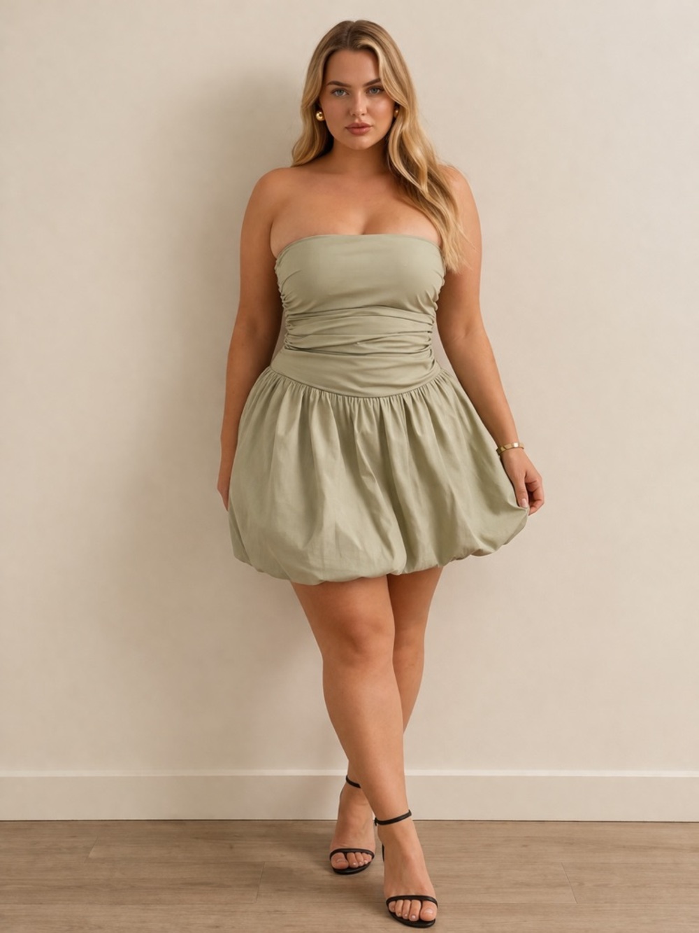 Reformation Clea Mini Dress Dried Herbs Green Ruched Bust Bubble Skirt Size 12